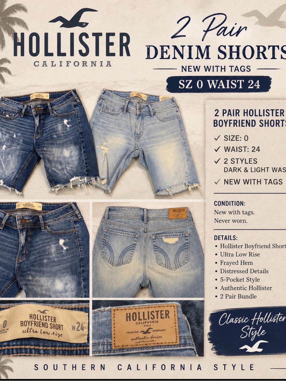 Hollister Boyfriend Frayed Jean Short Bundle Back to School Sz 0 24